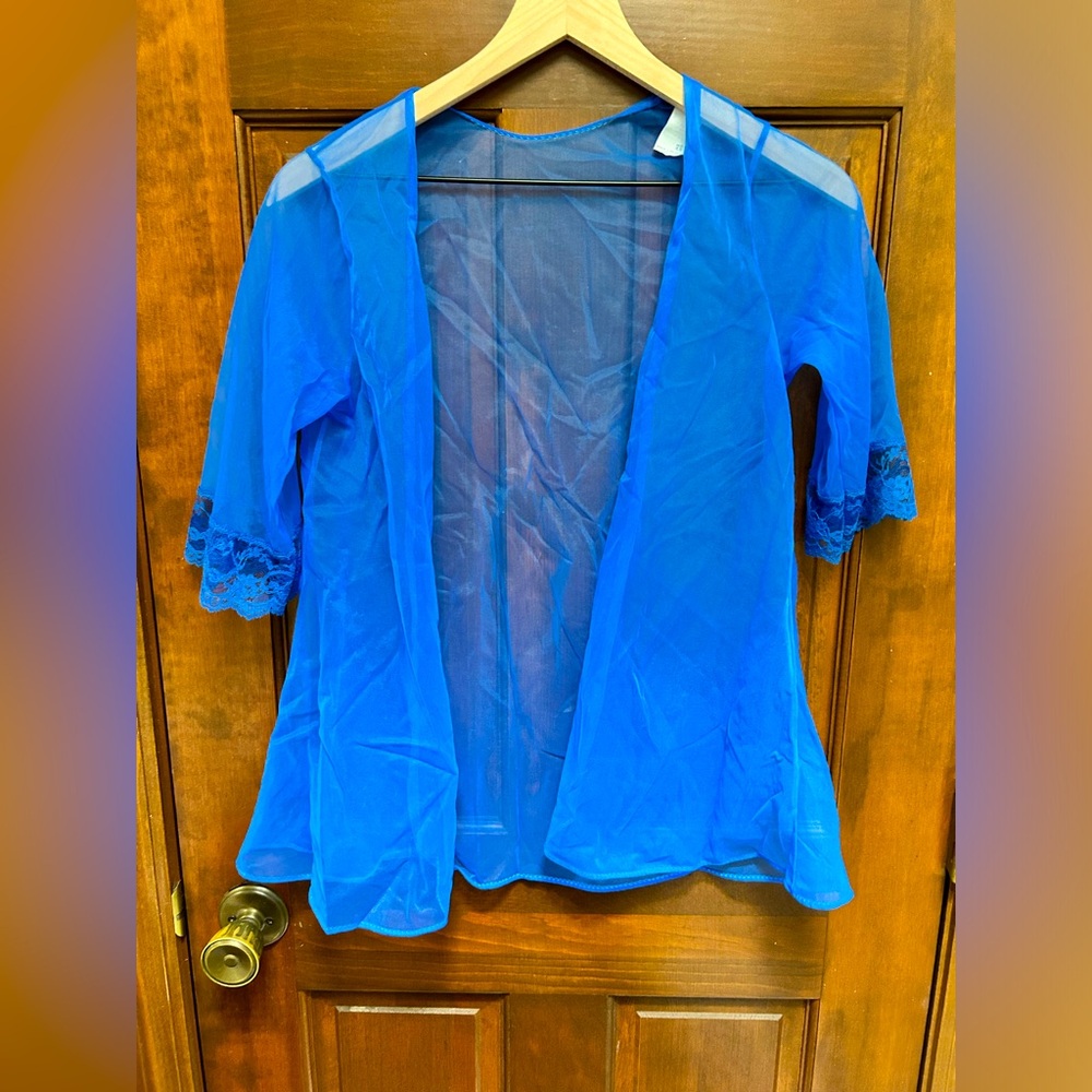 VTG Sheer Electric Blue lace trim Bed Jacket. Size S.